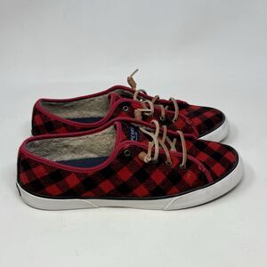 Sperry Top Sider Pier Sneakers Womens 9 Red Black Wool Plaid Faux Fur Slip On